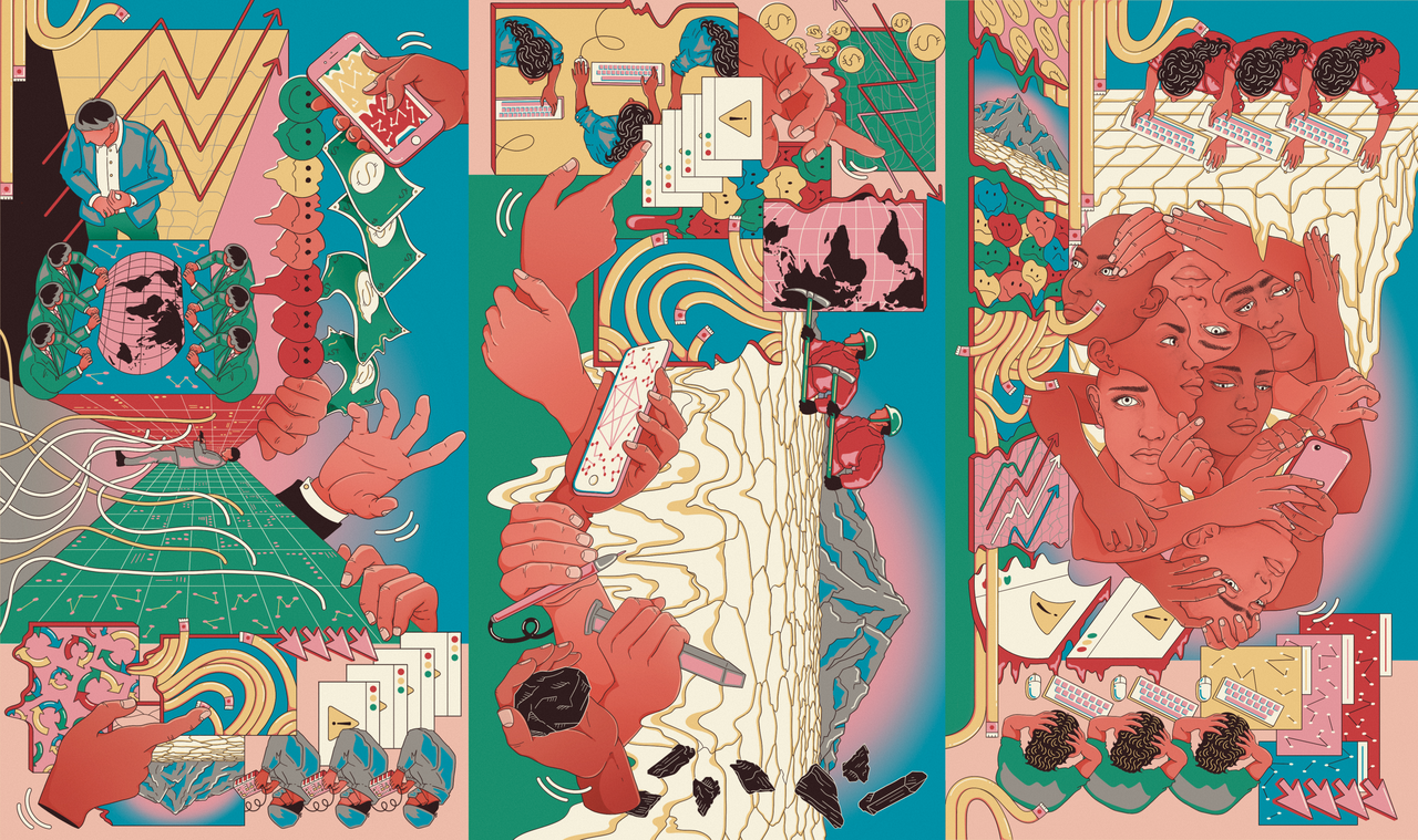 A brightly coloured mural which can be viewed in any direction. 
            It has several scenes within it: people in front of computers seeming stressed, a number of faces 
            overlaid over each other, squashed emojis, miners digging in front of a huge mountain representing 
            mineral resources, a hand holding a lump of coal or carbon, hands manipulating stock charts and error 
            messages, as well as some women performing tasks on computers, men in suits around a table, someone 
            in a data centre, big hands controlling the scenes and holding a phone, people in a production line. 
            Motifs such as network diagrams and melting emojis are placed throughout the busy vignettes.